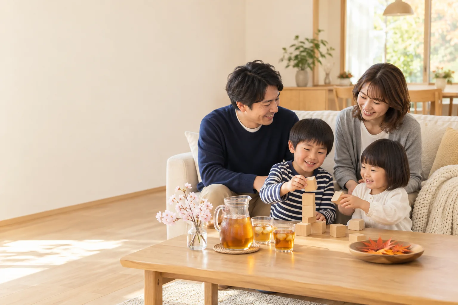 四季の小物を飾ったリビングで、団らんする家族。一年中、冷暖房の快適さを逃がしにくい家（イメージ）