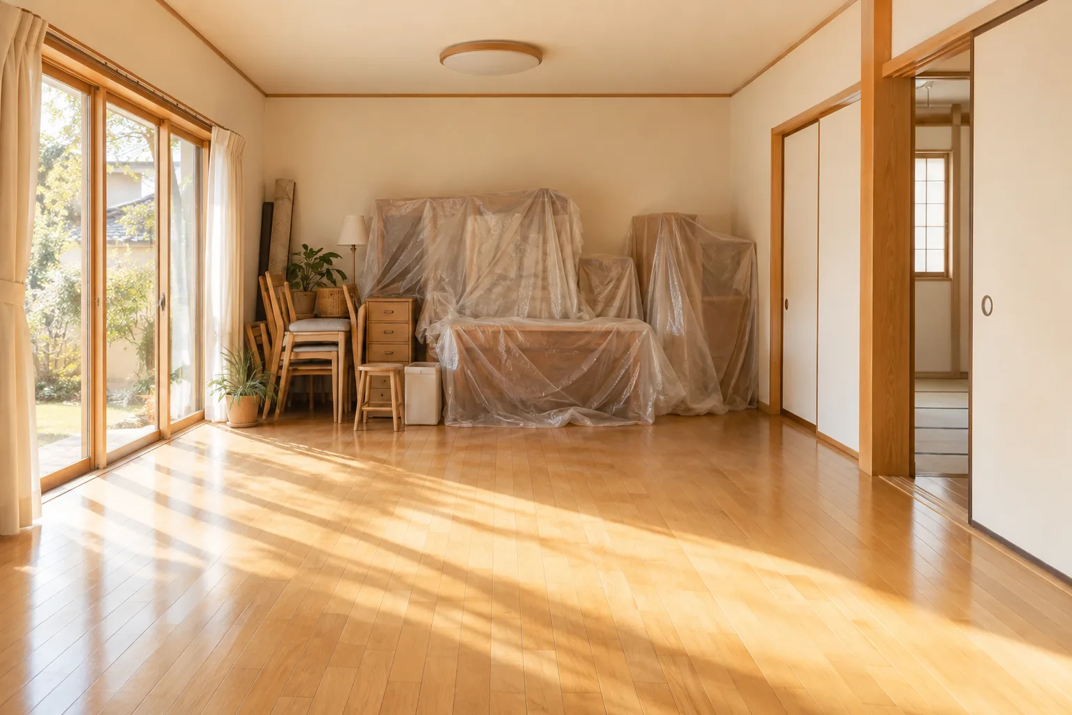 家具を動かして養生した室内の例