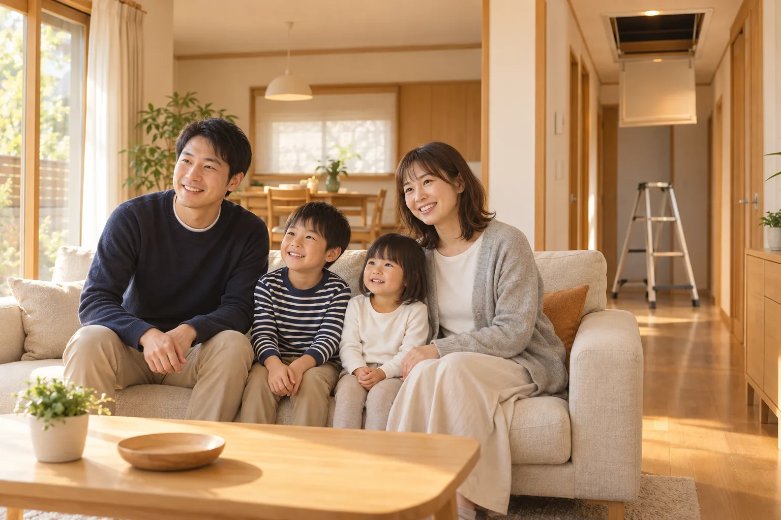 工事の日の夕方、家族がそろってくつろぐリビング