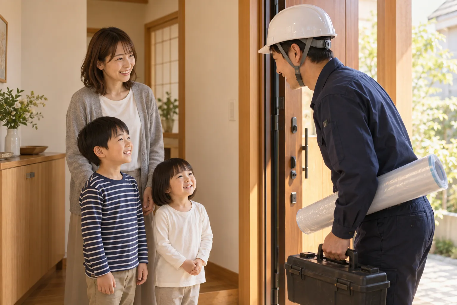 朝、スタート。玄関でスタッフを迎える家族(イメージ)