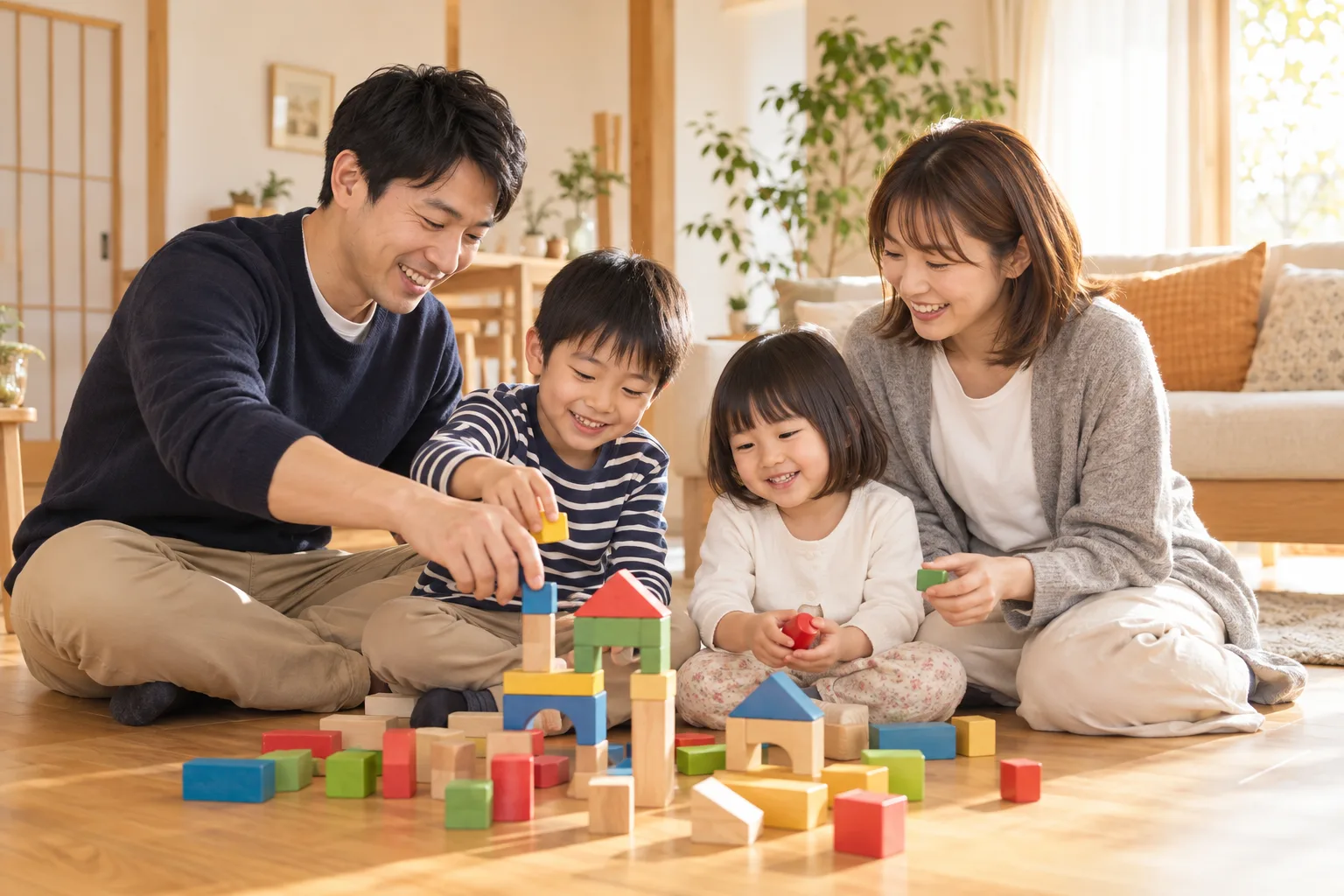リビングで積み木を囲んで過ごすご家族(イメージ)