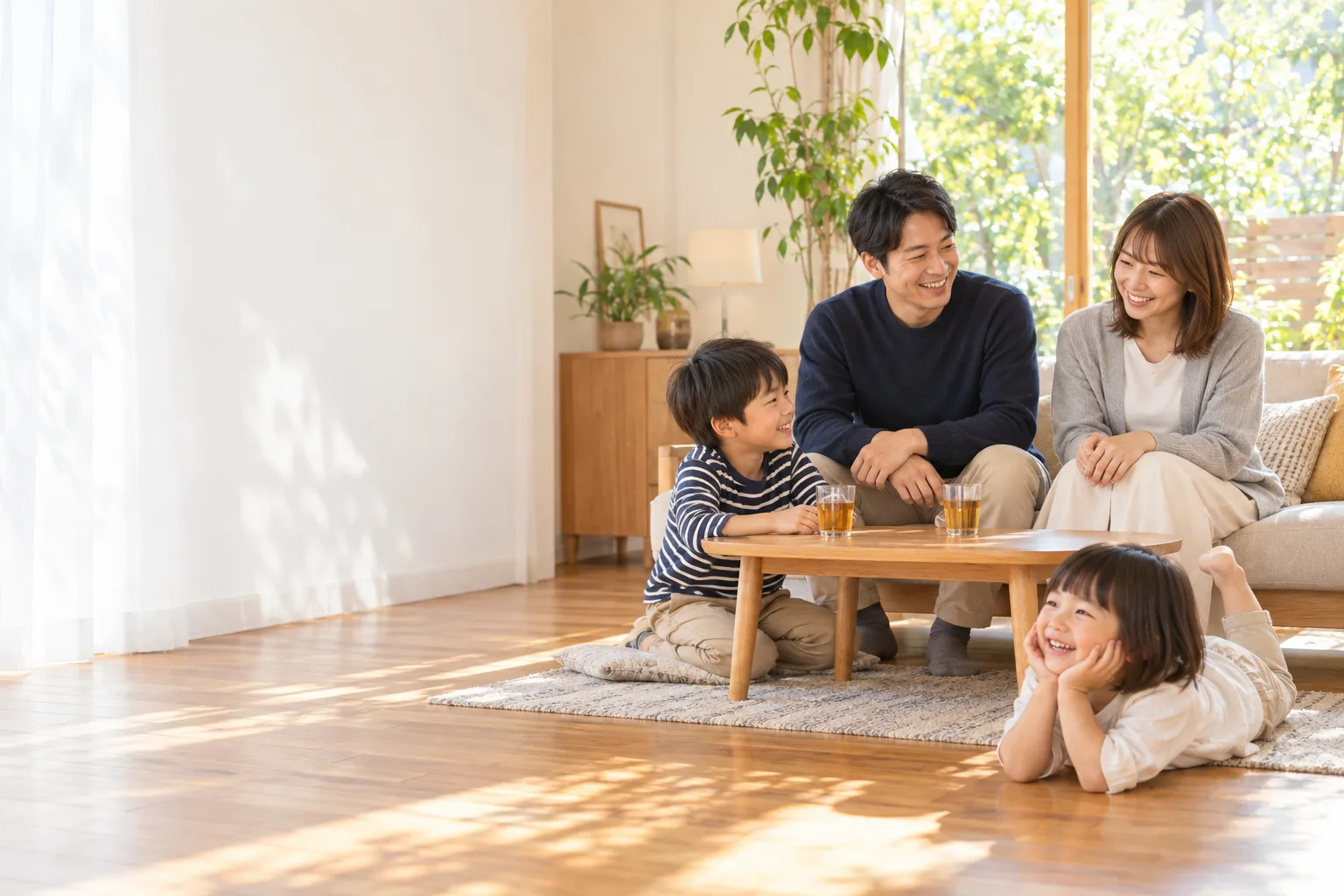 夏、涼しいリビングで床に寝転ぶ子どもたちとくつろぐ両親（イメージ）