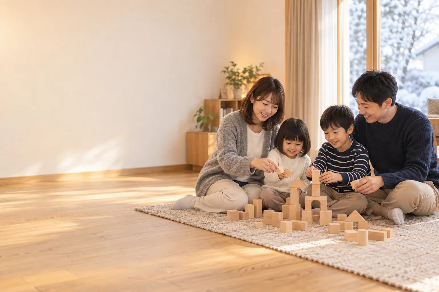 冬、暖かいリビングで積み木で遊ぶ家族（イメージ）