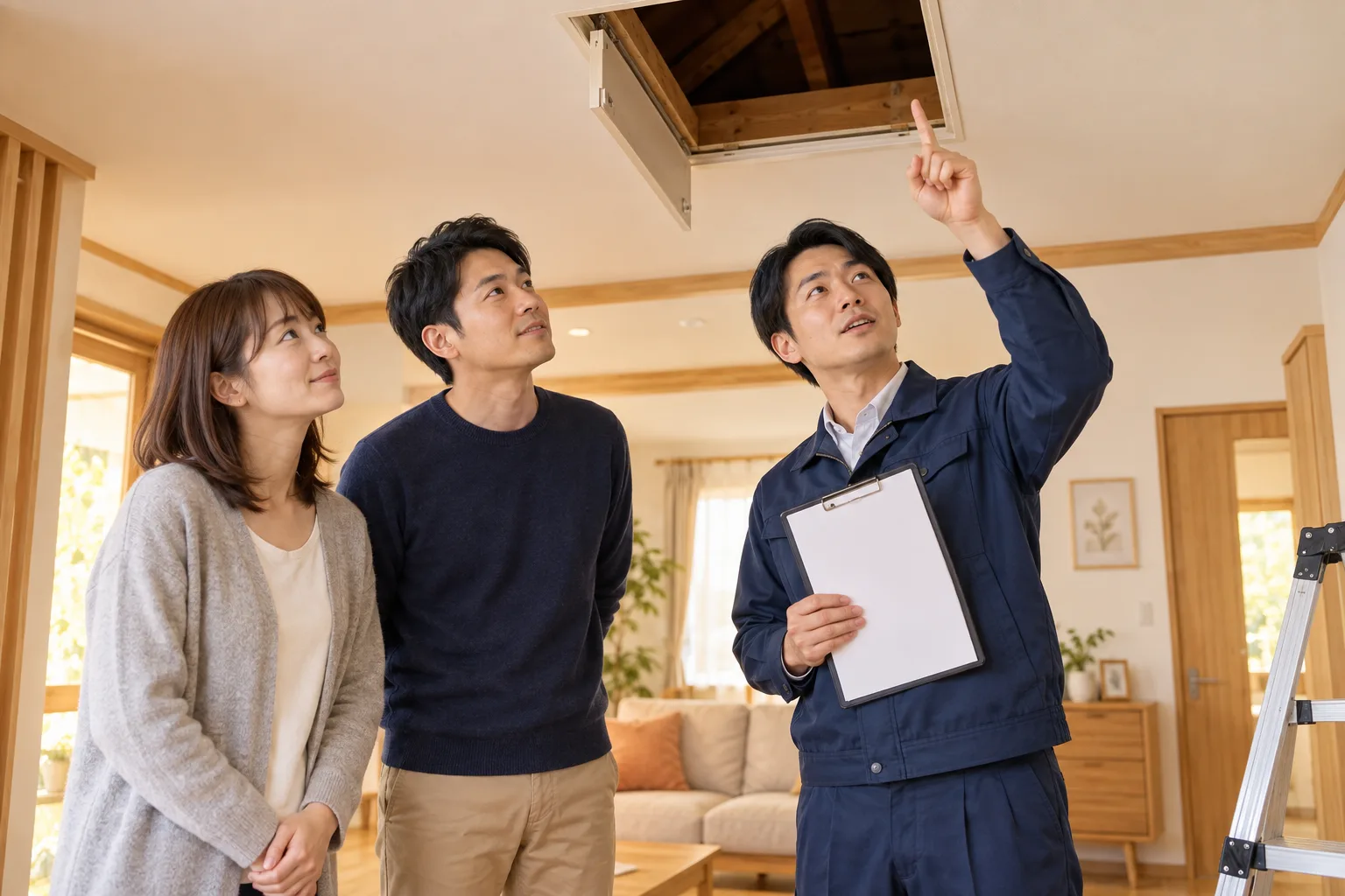 リビングでスタッフがご夫婦に屋根裏の点検口を示して説明している(イメージ)