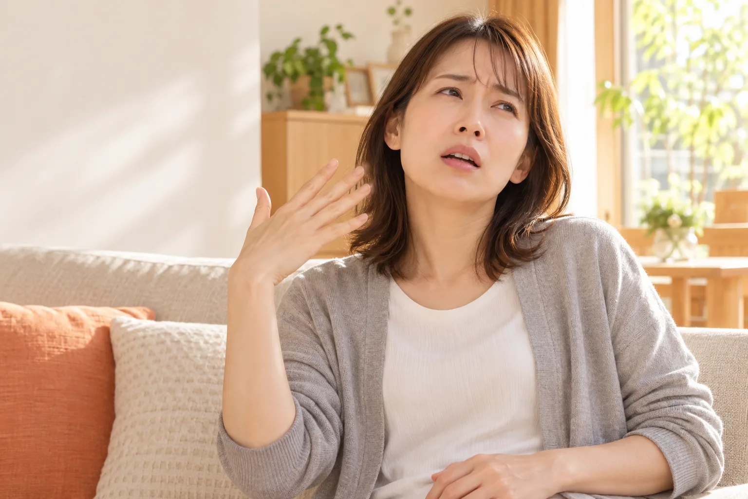 夏、暑さに額の汗をぬぐう女性