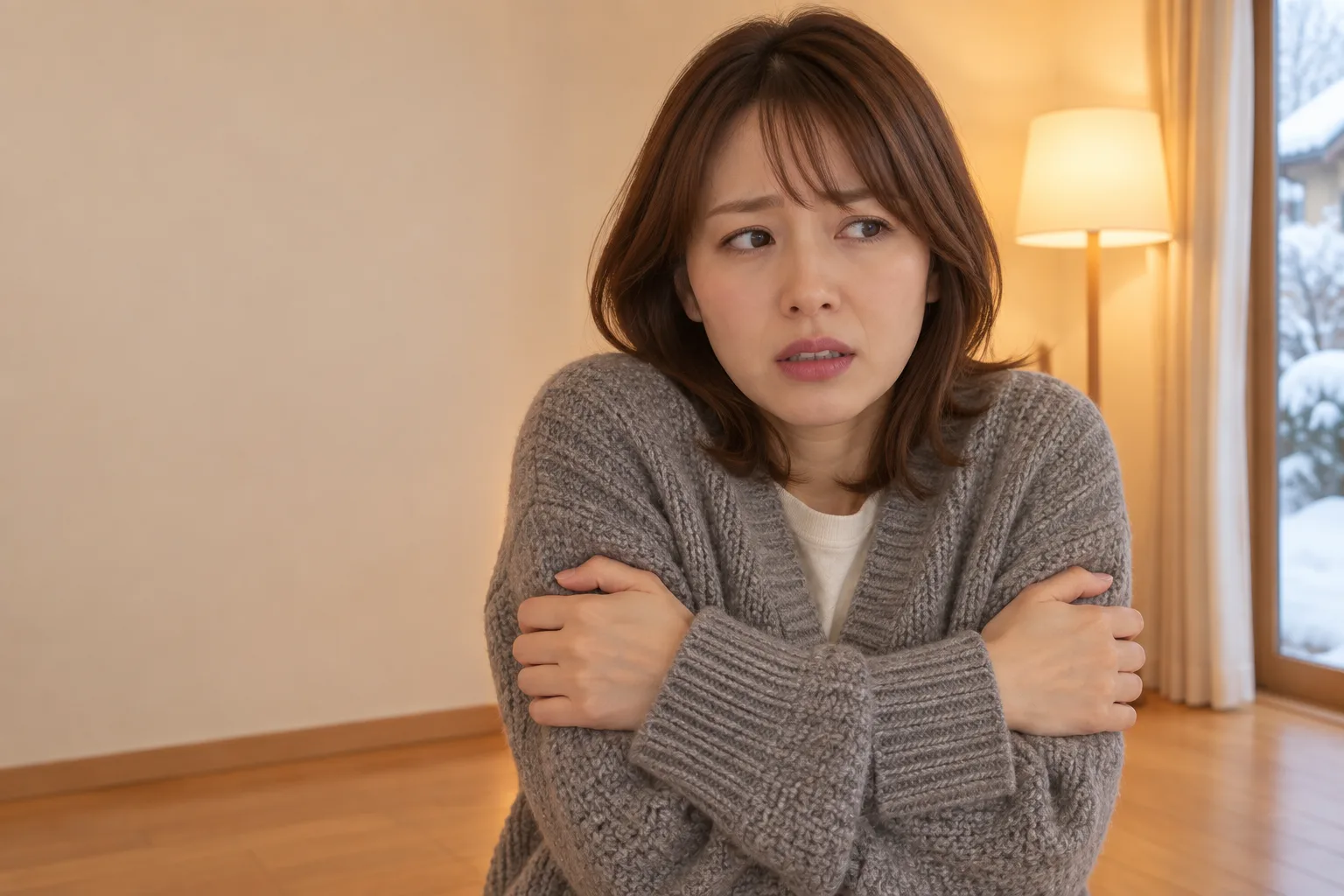 冬、寒さに身をすくめてリビングに立つ女性